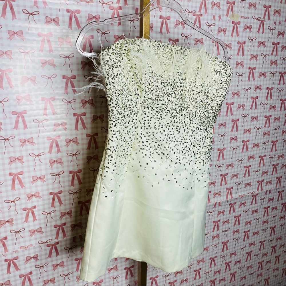 NBD x Revolve GRACY Strapless White Ostrich Feathered Sequin Mini Dress